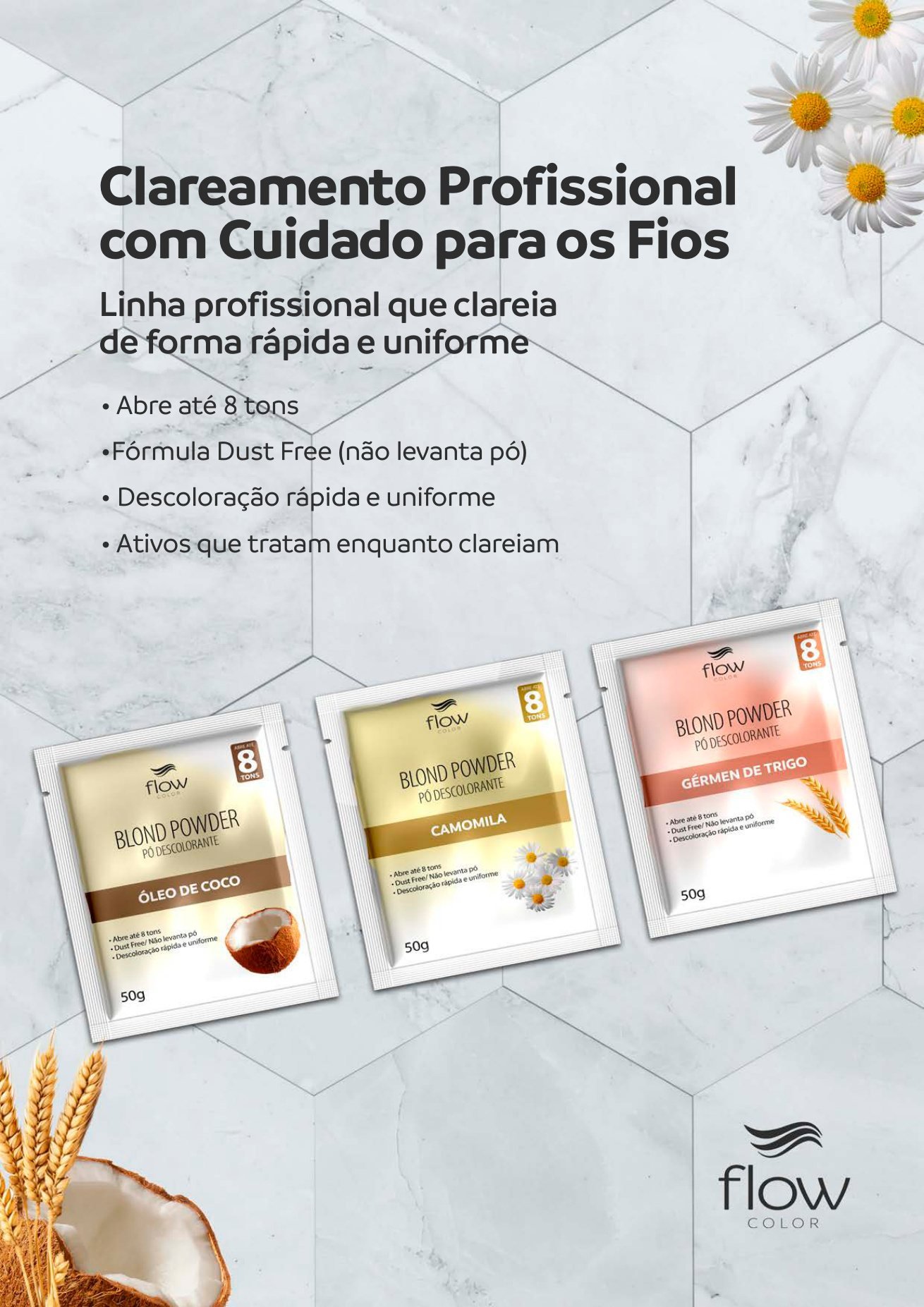 Linha Flow Color Blond Powder com Óleo de Coco, Camomila e Gérmen de Trigo